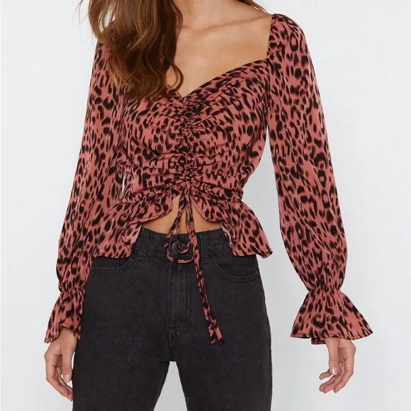 Nasty Gal Terracotta Ruched Leopard Blouse - Picture 2 of 4